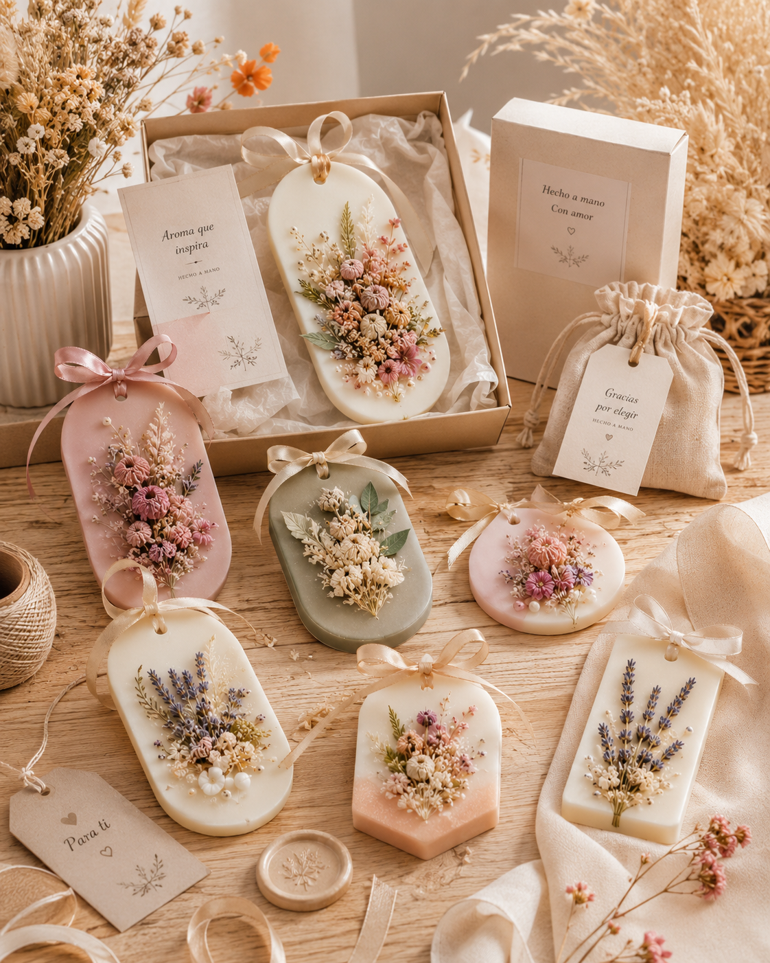 Colección de placas aromáticas florales artesanales presentadas en caja de regalo, con flores secas, cintas y etiquetas, estilo boutique.